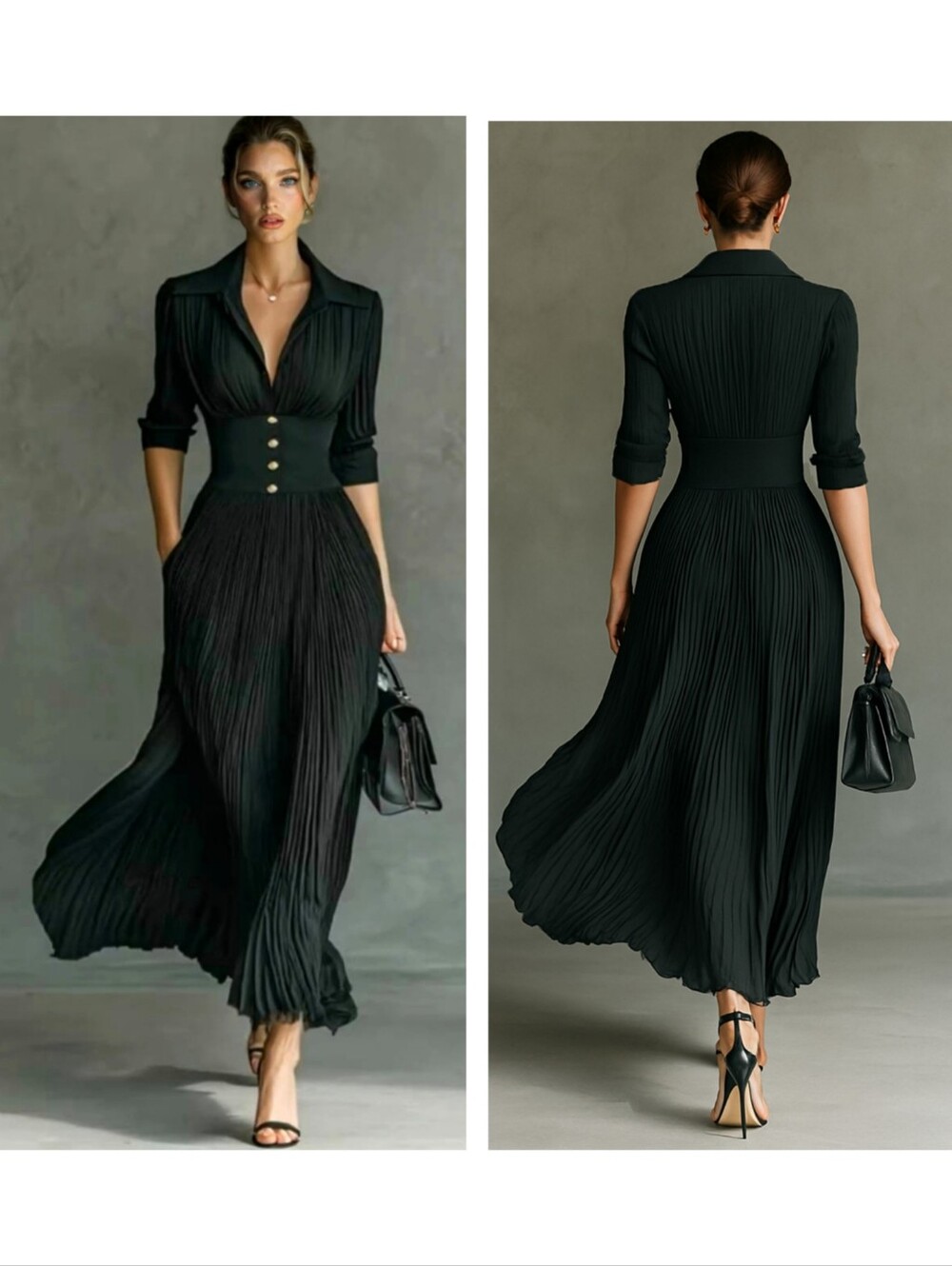Modesees V-Neck Pleated High-Waist Maxi Dress Black